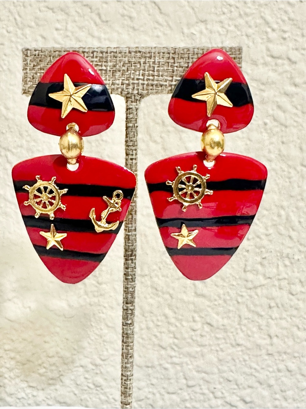 Vintage Red & Black Enamel Nautical Earrings w/ Gold Nautical Charms (Light)